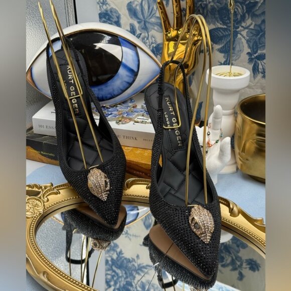 🆕 KURT GEIGER LONDON 🧿 NWOB Belgravia Black Crystal Sling Back Heel, Sz 38 7.5 - Picture 4 of 16